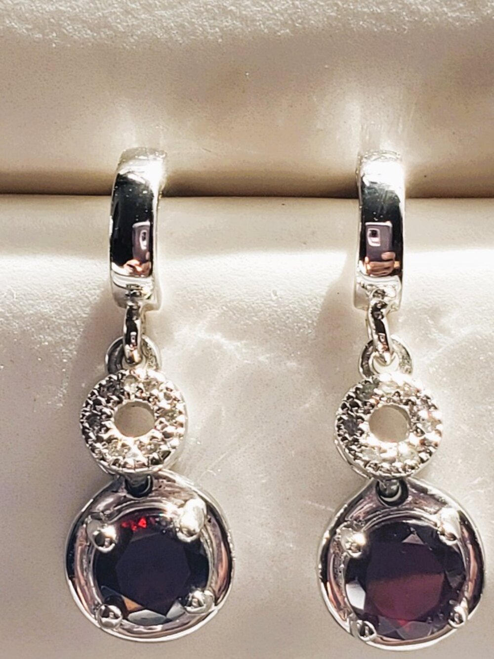 Vintage C^A 925 Sterling Silver Genuine Garnet & CZ Dangle Earrings
